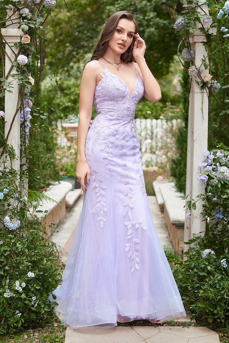 Load image into Gallery viewer, Spaghetti Straps Mermaid Long Purple Prom Dress With Appliques