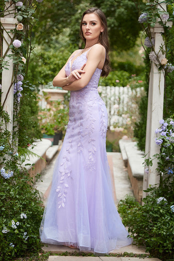 Spaghetti Straps Mermaid Long Purple Prom Dress With Appliques