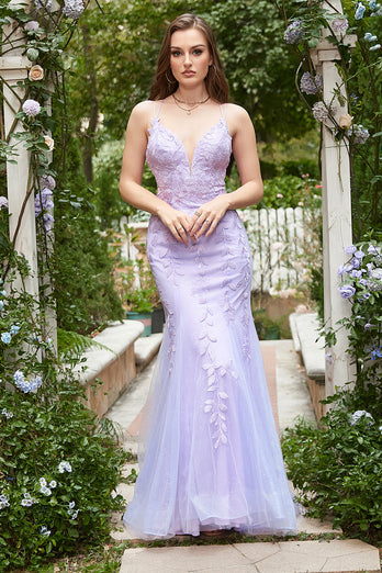 Spaghetti Straps Mermaid Long Purple Prom Dress With Appliques