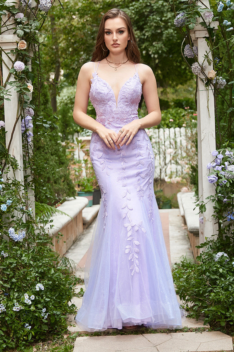 Load image into Gallery viewer, Spaghetti Straps Mermaid Long Purple Prom Dress With Appliques