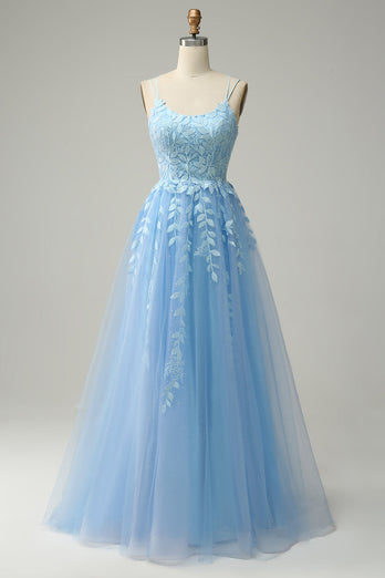 A Line Spaghetti Straps Long Blue Prom Dress with Appliques