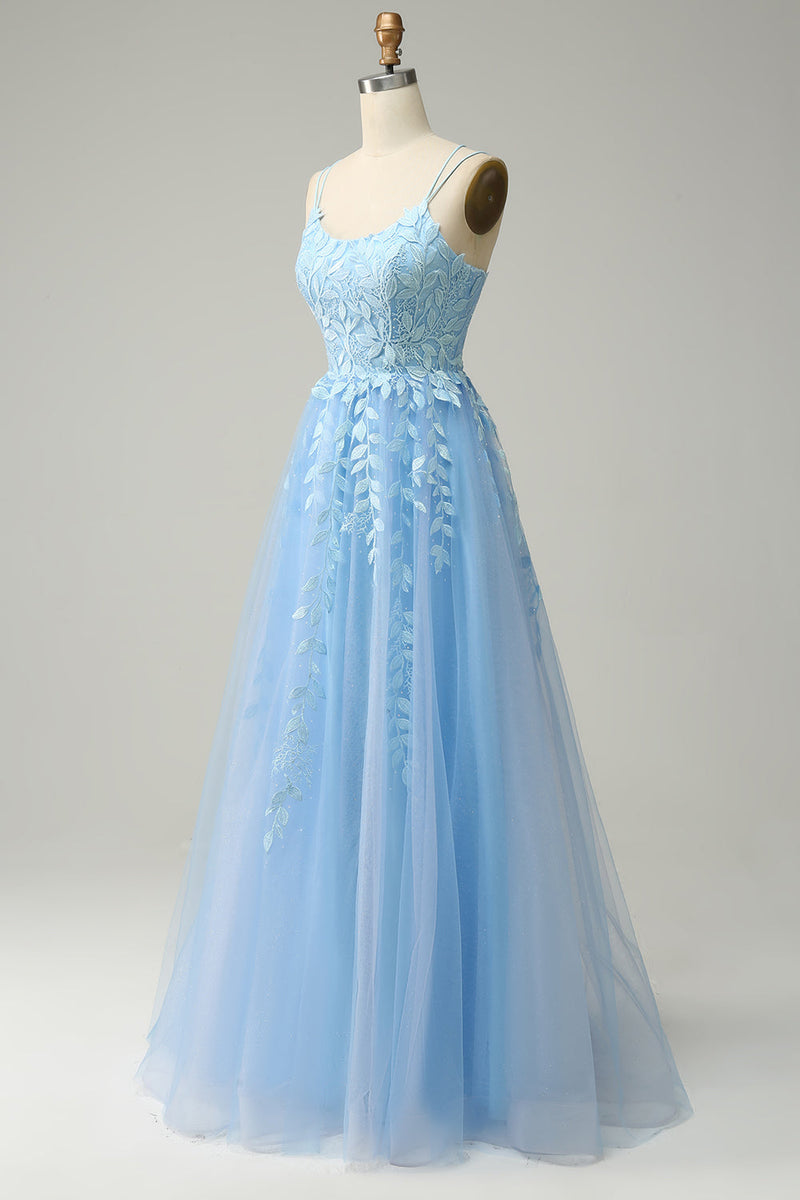 Load image into Gallery viewer, A Line Spaghetti Straps Long Blue Prom Dress with Appliques