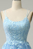 Load image into Gallery viewer, A Line Spaghetti Straps Long Blue Prom Dress with Appliques