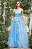 A Line Spaghetti Straps Long Blue Prom Dress with Appliques