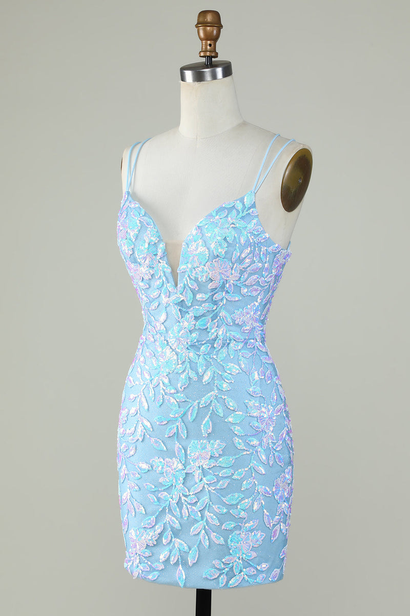 Load image into Gallery viewer, Sparkly Lace-Up Back Light Blue Cocktail Dress