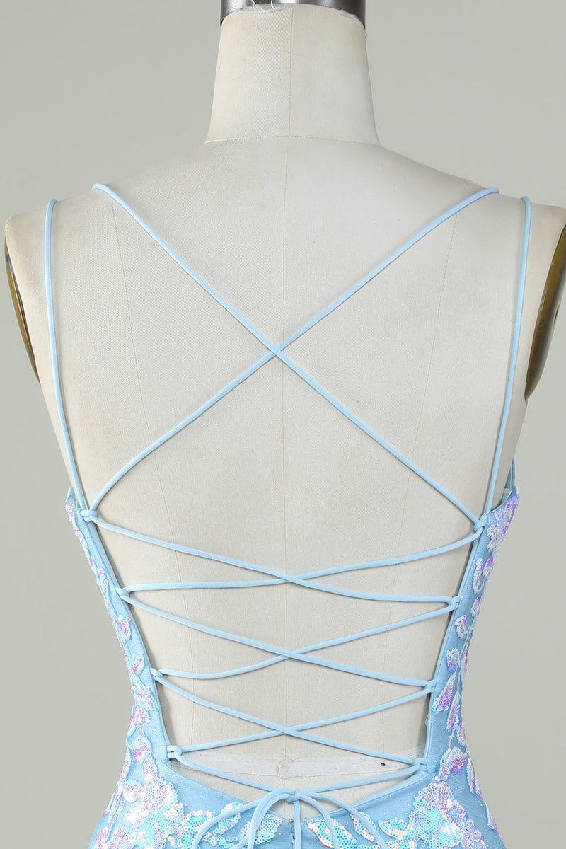 Load image into Gallery viewer, Sparkly Lace-Up Back Light Blue Cocktail Dress