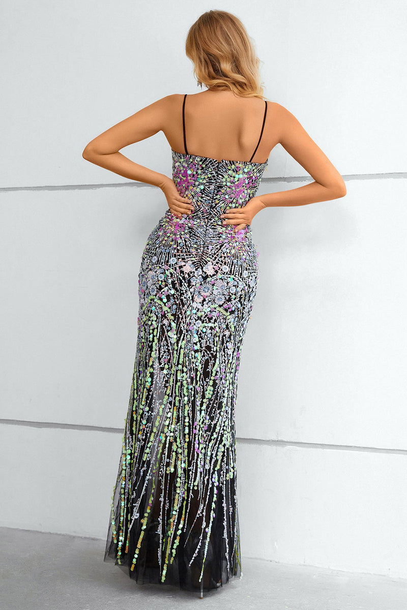 Load image into Gallery viewer, Black Spaghetti Straps Beaded Prom Dress With Slit