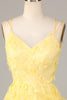 Load image into Gallery viewer, Keep Glowing A Line Spaghetti Straps Yellow Short Homecoming Dress with Appliques