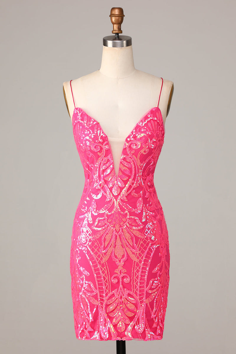 Load image into Gallery viewer, Undeniably Amazing Sheath Spaghetti Straps Fuchsia Sequins Short Homecoming Dress