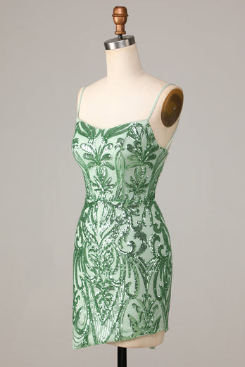 Fanciful Flirt Bodycon Spaghetti Straps Green Sequins Short Homecoming Dress