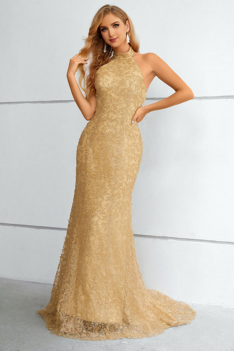 Load image into Gallery viewer, Golden Halter Neck Mermaid Prom Dress