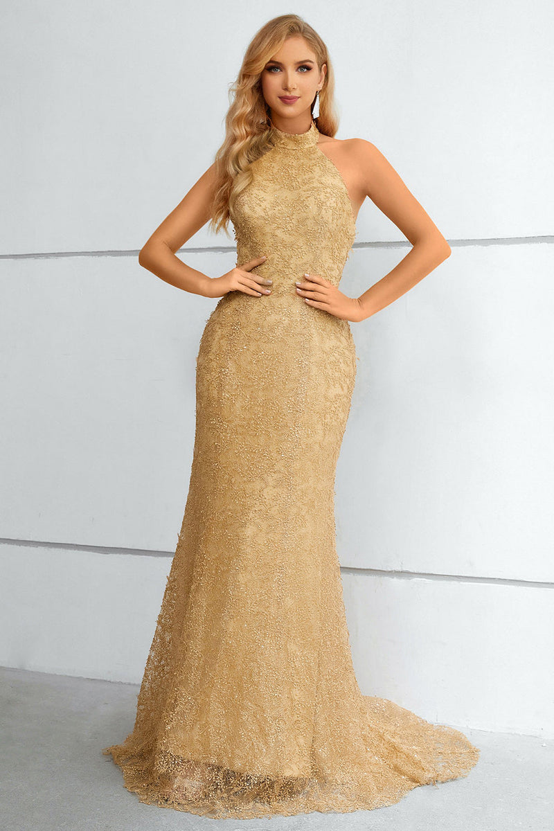 Load image into Gallery viewer, Golden Halter Neck Mermaid Prom Dress
