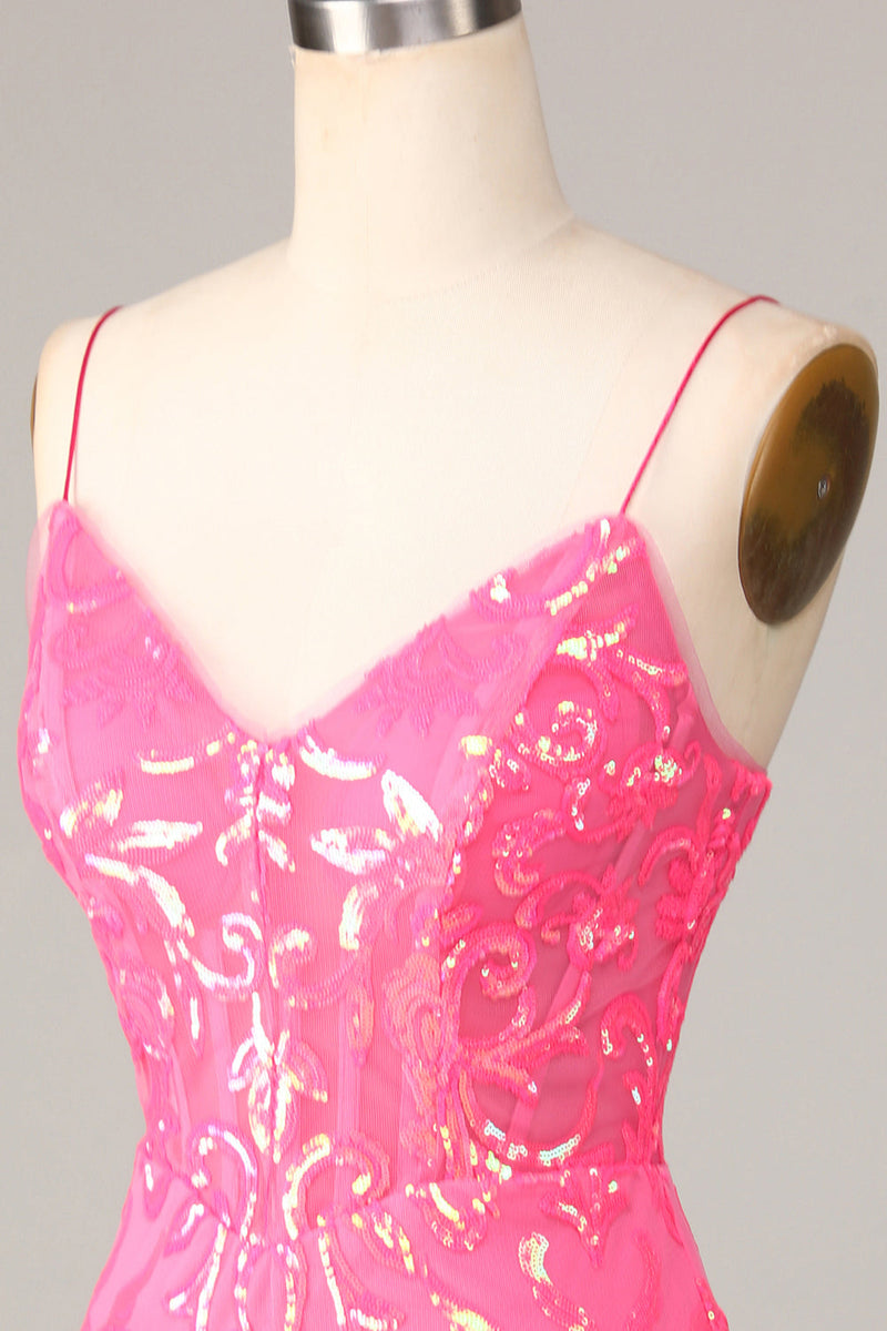 Load image into Gallery viewer, Undeniably Amazing Sheath Spaghetti Straps Fuchsia Sequins Homecoming Dress