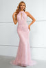 Load image into Gallery viewer, Pink Sequined Halter Neck Keyhole Backless Mermaid Prom Dress