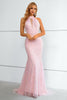 Load image into Gallery viewer, Pink Sequined Halter Neck Keyhole Backless Mermaid Prom Dress