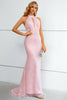 Load image into Gallery viewer, Pink Sequined Halter Neck Keyhole Backless Mermaid Prom Dress