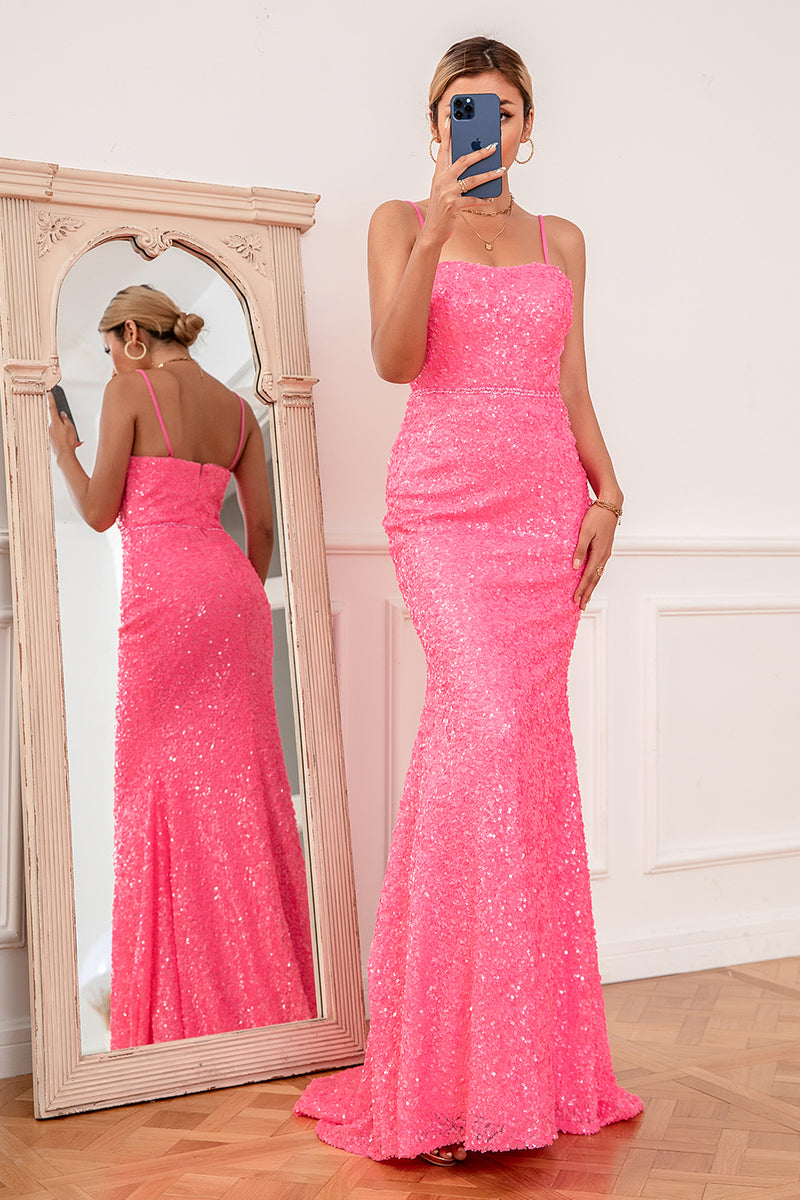 Load image into Gallery viewer, Hot Pink Sequin Spaghetti Straps Prom Dress