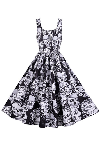 White Halloween Skull Square Neck Vintage Dress