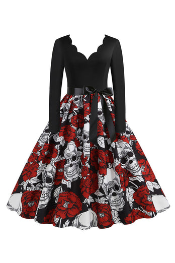 Red Halloween Skull Long Sleeves Vintage Dress