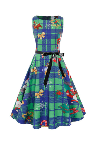 Green Vintage Plaid Print Christmas Dress