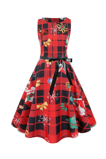 Green Vintage Plaid Print Christmas Dress