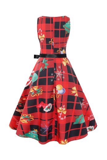 Green Vintage Plaid Print Christmas Dress