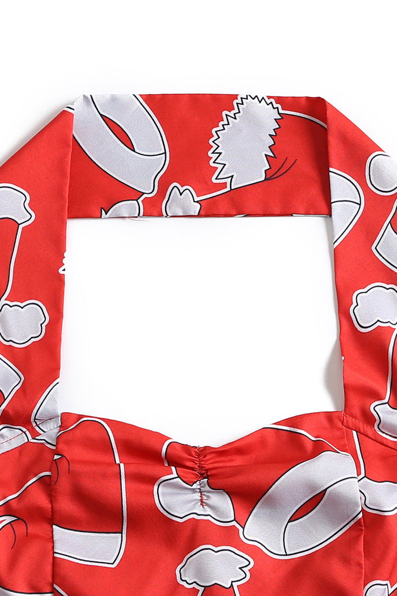 Load image into Gallery viewer, Halterneck Santa Print Red Christmas Dress