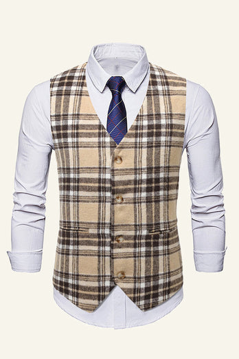 Lapel Brown Men's Suit Check Vest