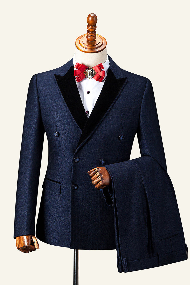 Load image into Gallery viewer, Dark Blue Peaked Lapel Double-Breasted Men&#39;s Suit Tuxedo