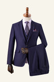 Dark Blue Notched Lapel Grid 3-Piece Men's Suit