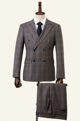 Brown Plaid Peaked Lapel Double-Breasted 2-Piece Men's Suit