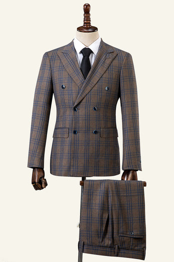 Brown Plaid Peaked Lapel Double-Breasted 2-Piece Men's Suit