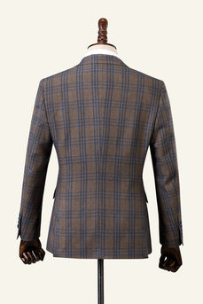 Brown Plaid Peaked Lapel Double-Breasted 2-Piece Men's Suit