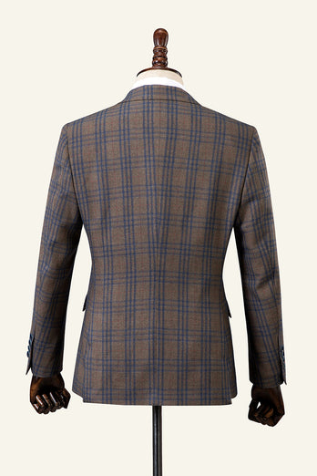 Brown Plaid Peaked Lapel Double-Breasted 2-Piece Men's Suit