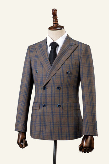 Brown Plaid Peaked Lapel Double-Breasted 2-Piece Men's Suit