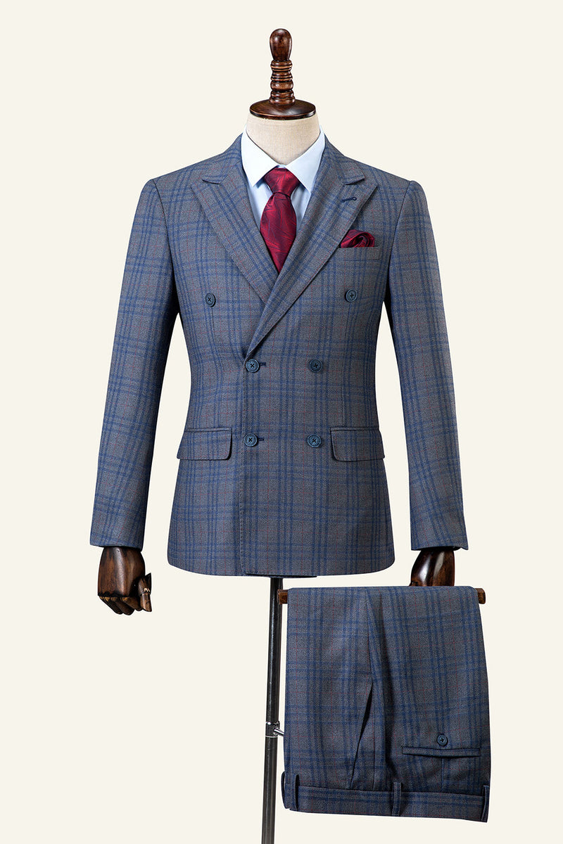 Load image into Gallery viewer, Blue Plaid Double-Breasted Peaked Lapel 2-Piece Men&#39;s Suit