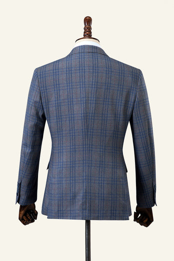 Blue Plaid Double-Breasted Peaked Lapel 2-Piece Men's Suit