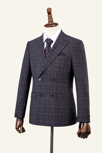 Grey Plaid Double-Breasted 2-Piece Men's Suit