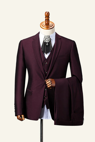 Burgundy Notch Lapel 3-Piece Men's Suit