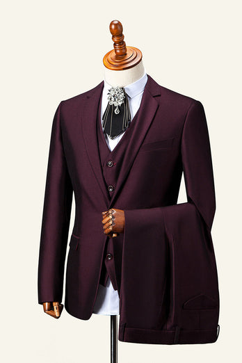 Burgundy Notch Lapel 3-Piece Men's Suit