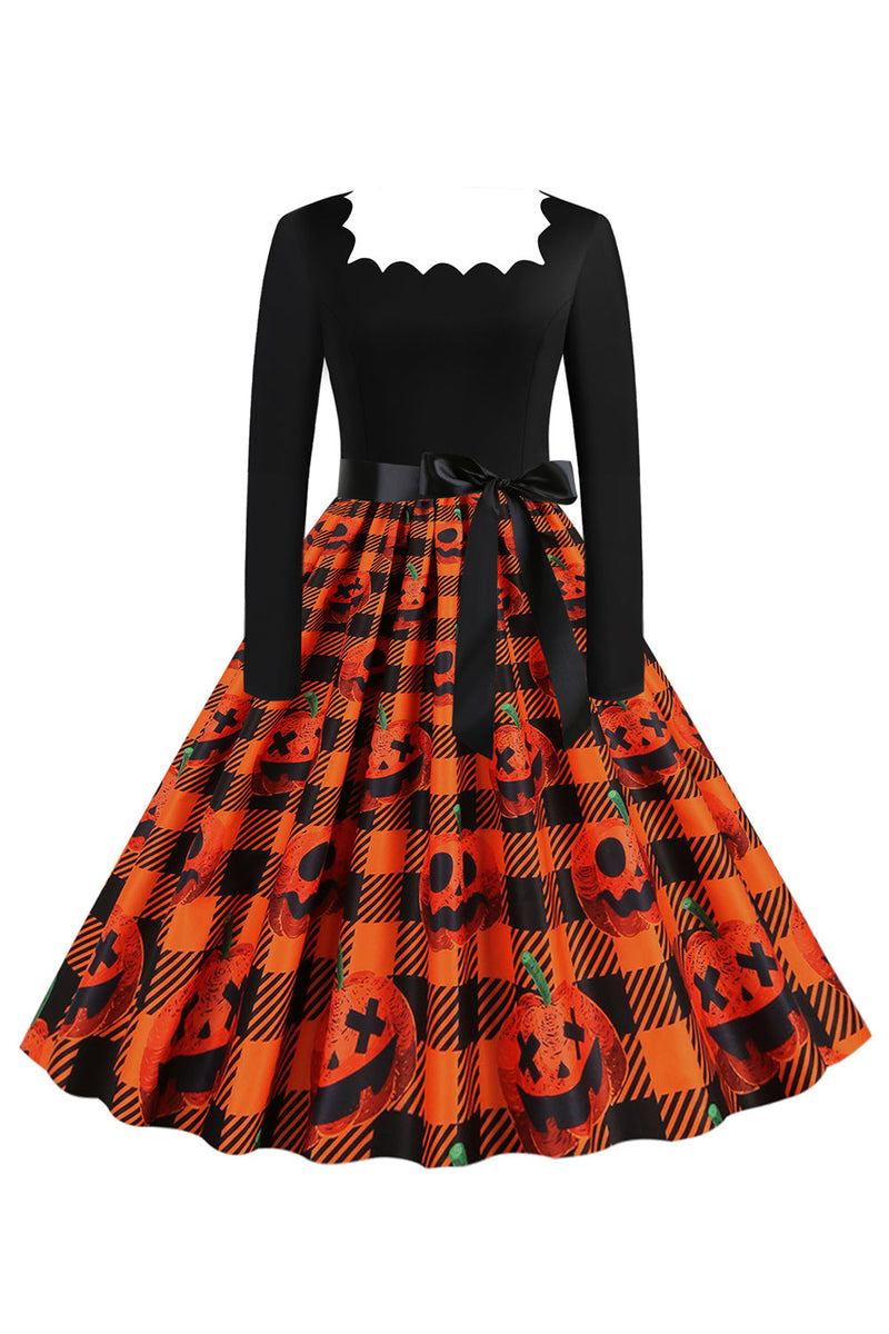 Load image into Gallery viewer, Orange Print Halloween Retro Dress with Long Sleeves