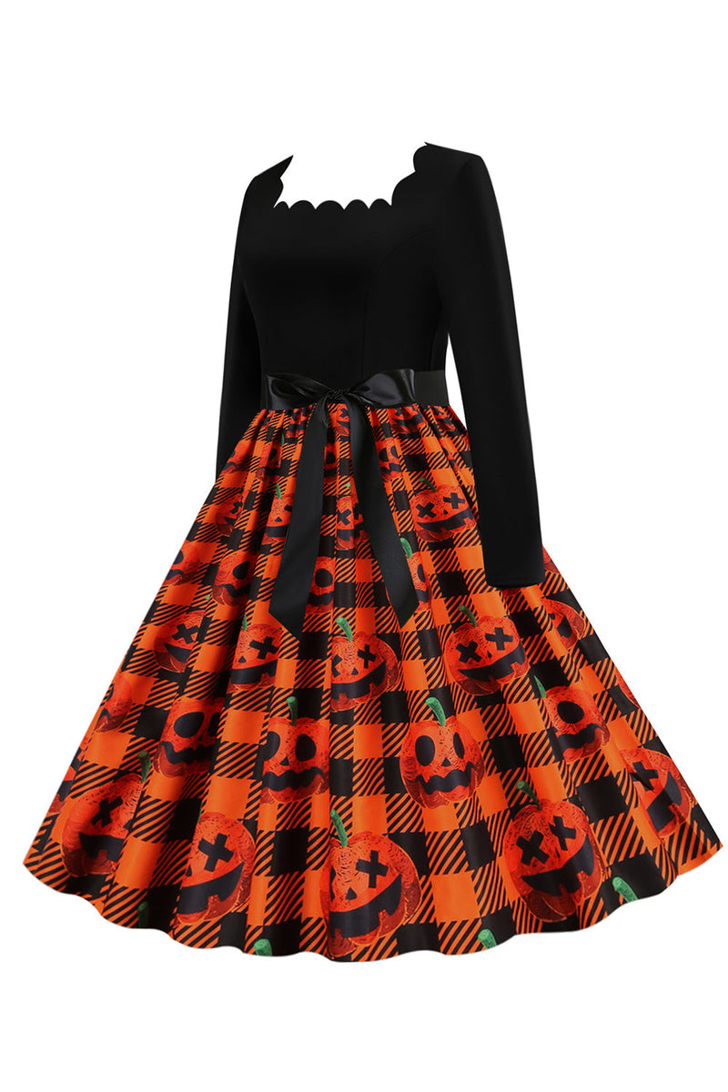 Load image into Gallery viewer, Orange Print Halloween Retro Dress with Long Sleeves