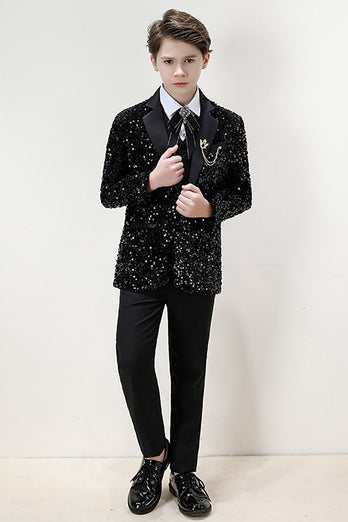 Sparkly Black Notched Lapel Sequins Boys' 3-Piece Formal Suit Set