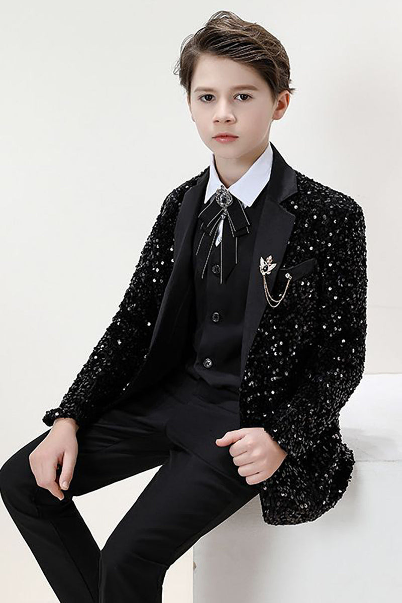 Load image into Gallery viewer, Sparkly Black Notched Lapel Sequins Boys&#39; 3-Piece Formal Suit Set