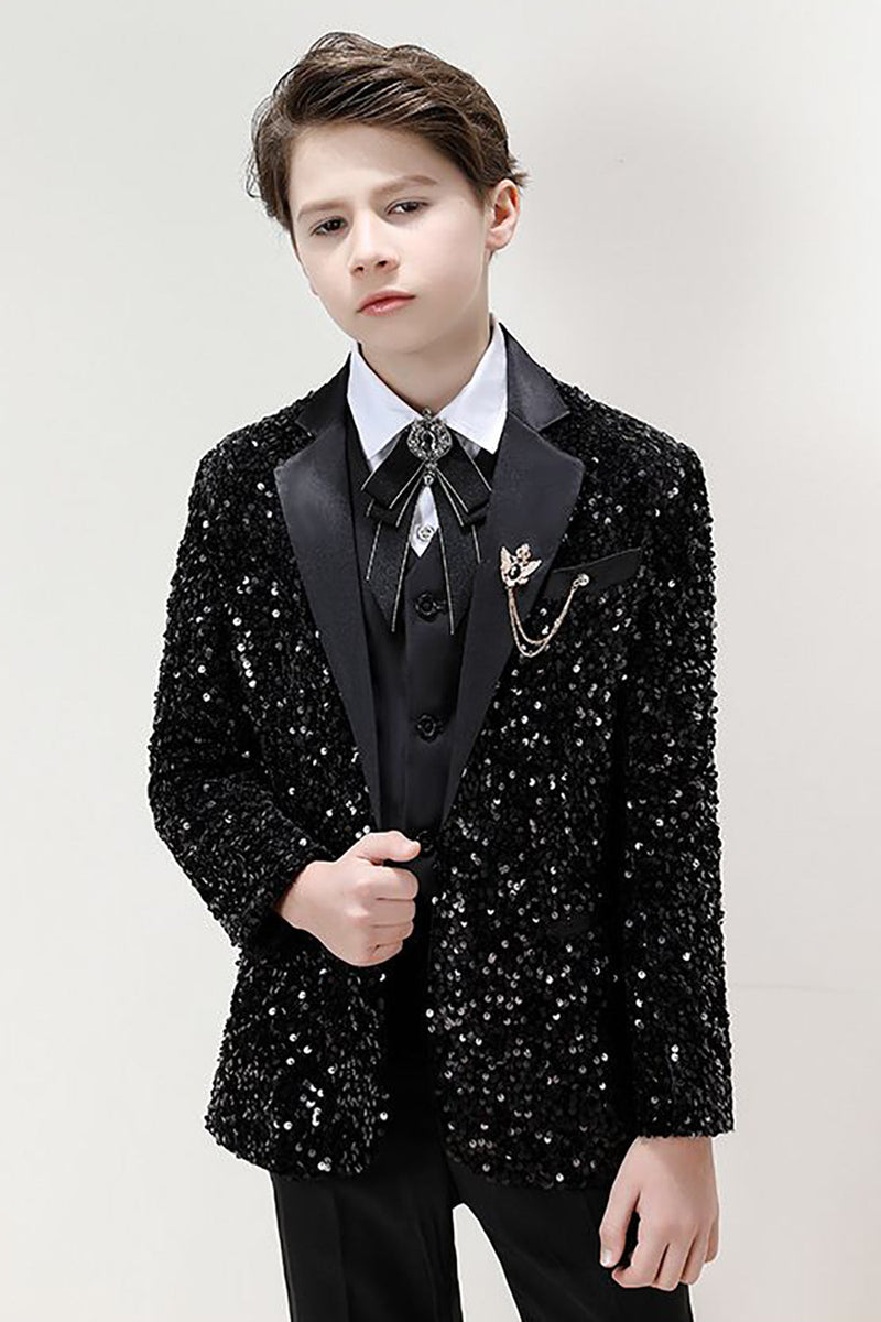 Load image into Gallery viewer, Sparkly Black Notched Lapel Sequins Boys&#39; 3-Piece Formal Suit Set