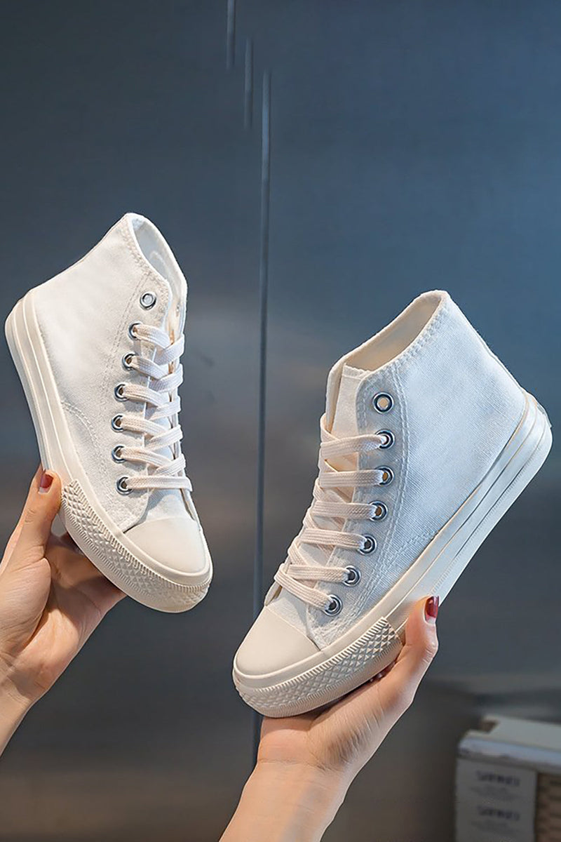 Load image into Gallery viewer, White Mid Top Lace Up Canvas Sneakers