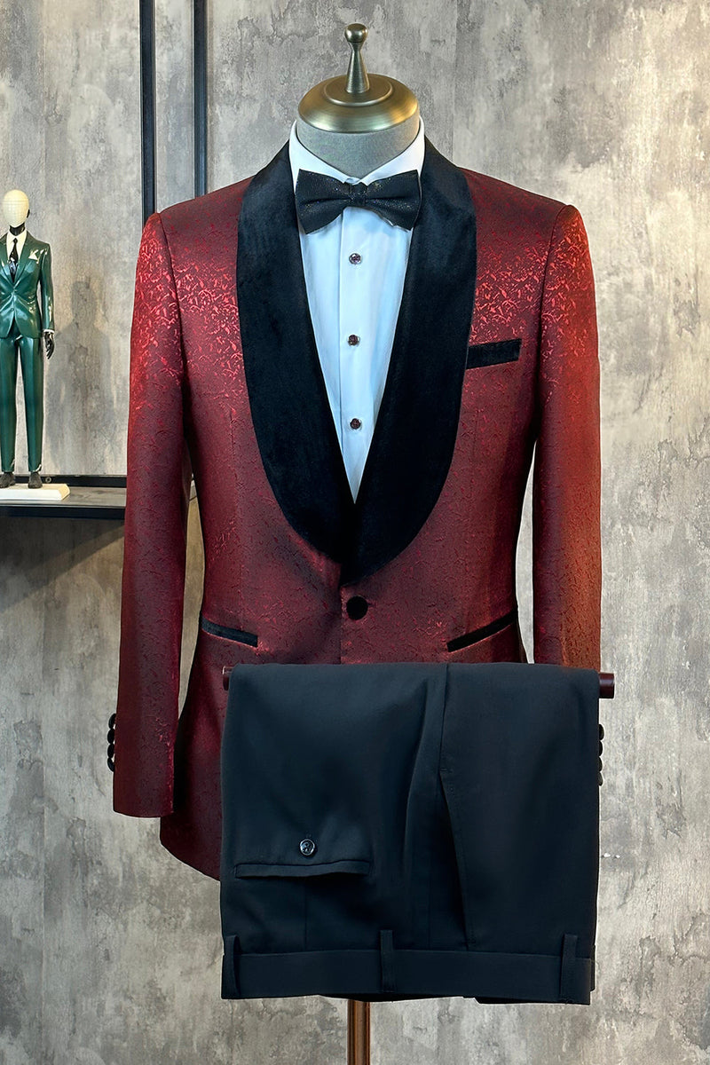 Load image into Gallery viewer, Glitter Burgundy Jacquard Shawl Lapel Men&#39;s Prom Suits