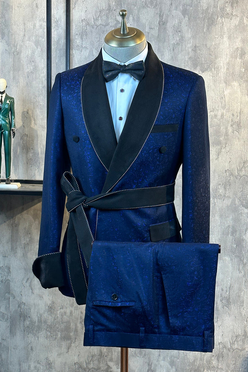 Load image into Gallery viewer, Dark Blue Jacquard 2 Piece Men Prom Suits with Belt