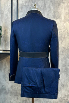 Dark Blue Jacquard 2 Piece Men Prom Suits with Belt