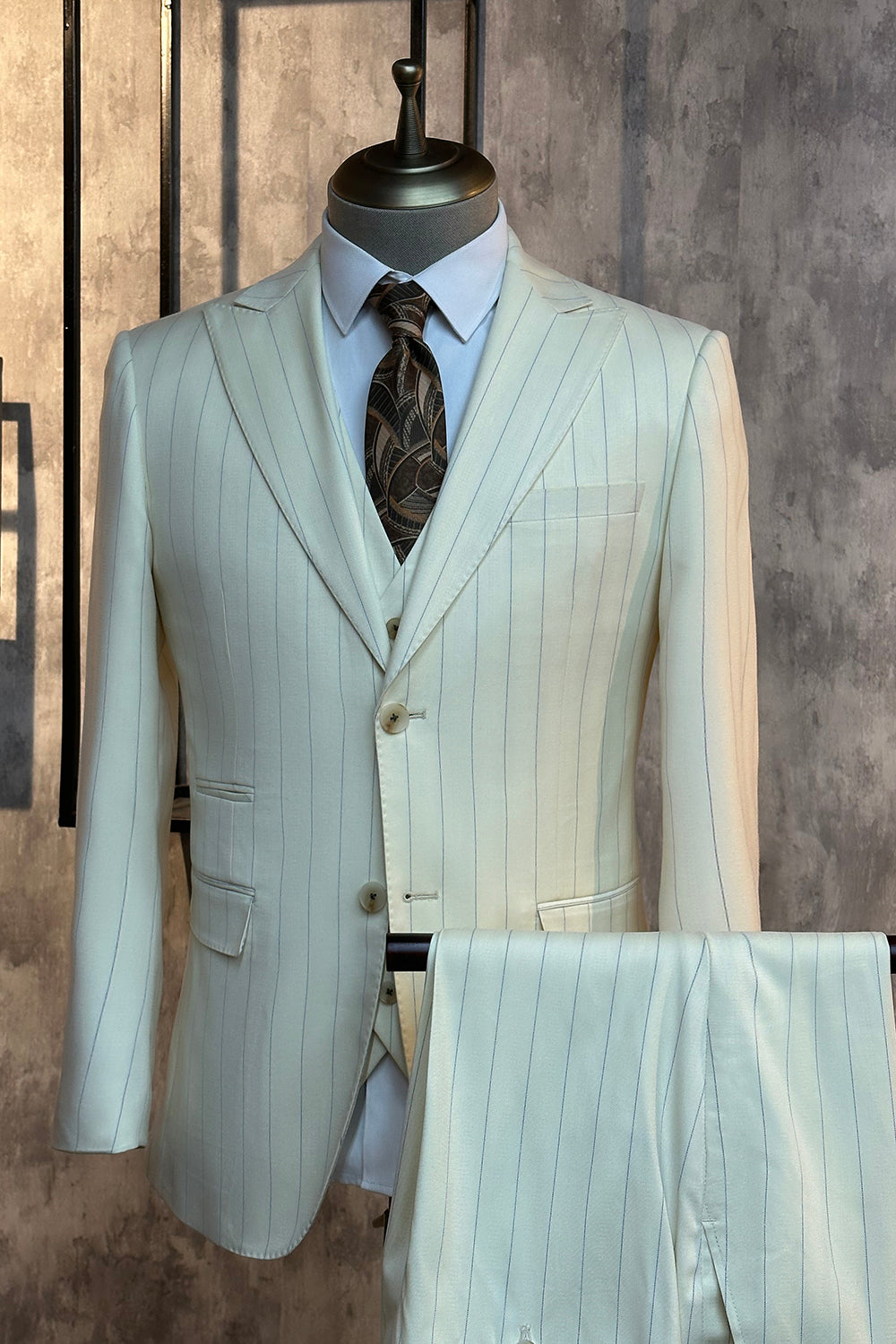 White Pinstriped 3 Piece Men Suits